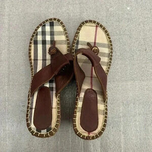 [39/9]Burberry Nova Check Brown Leather  Espadrille Wedge Slides Sandals